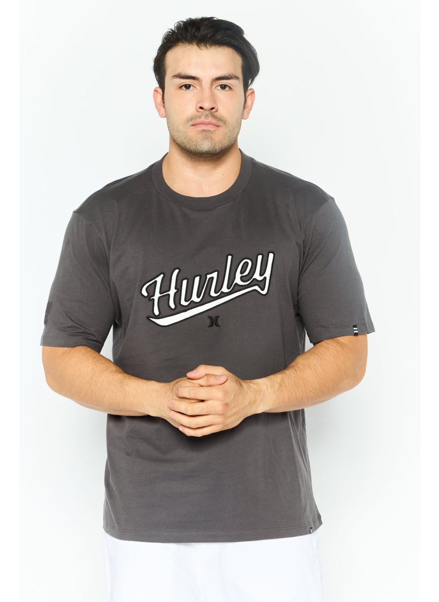 Men Crew Neck Short Sleeve Embroidered Logo T Shirt, Dark Grey