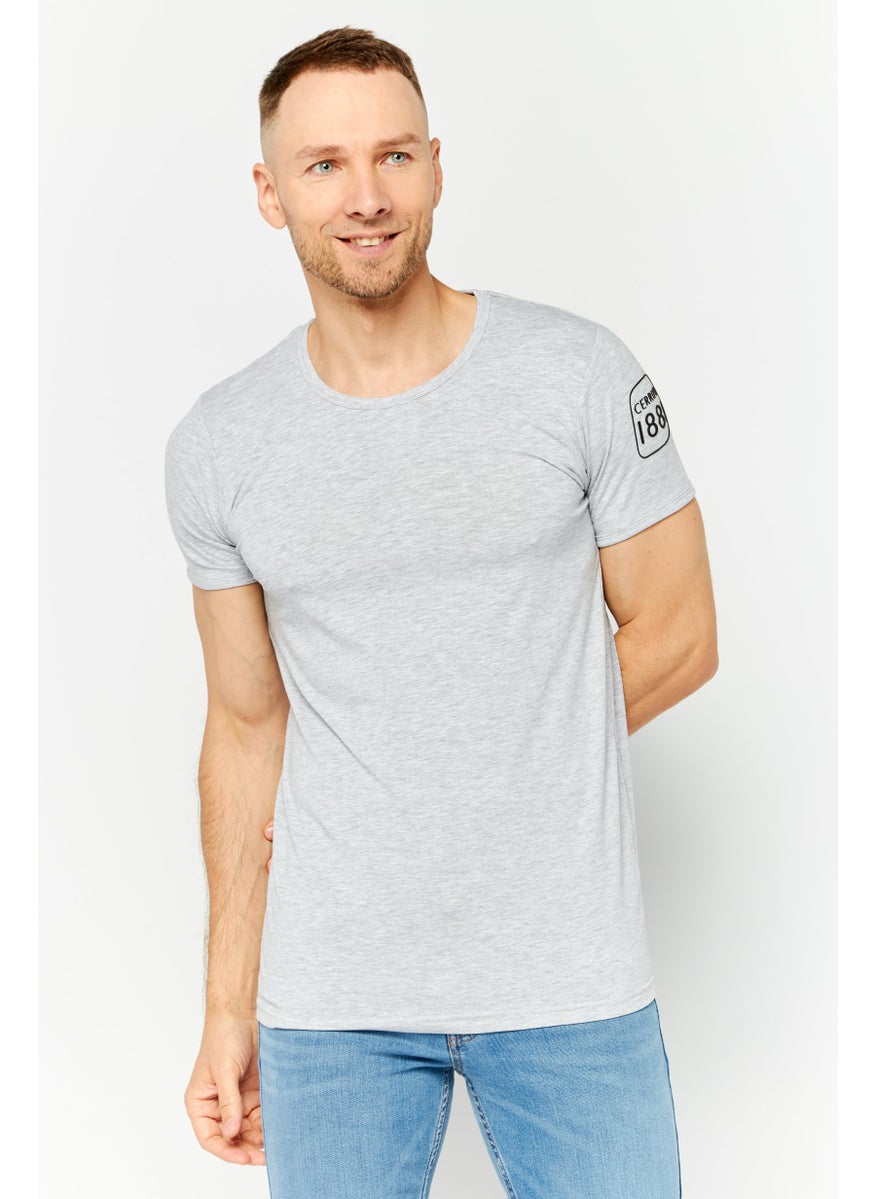 Men Crew Neck Short Sleeves Brand Logo  T-Shirt, Grey Melange