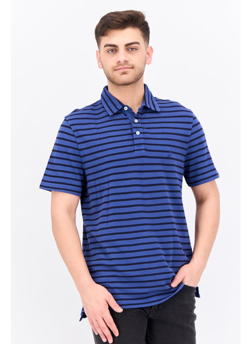 Men Regular Fit Stiped  Short Sleeves Polo, Blue