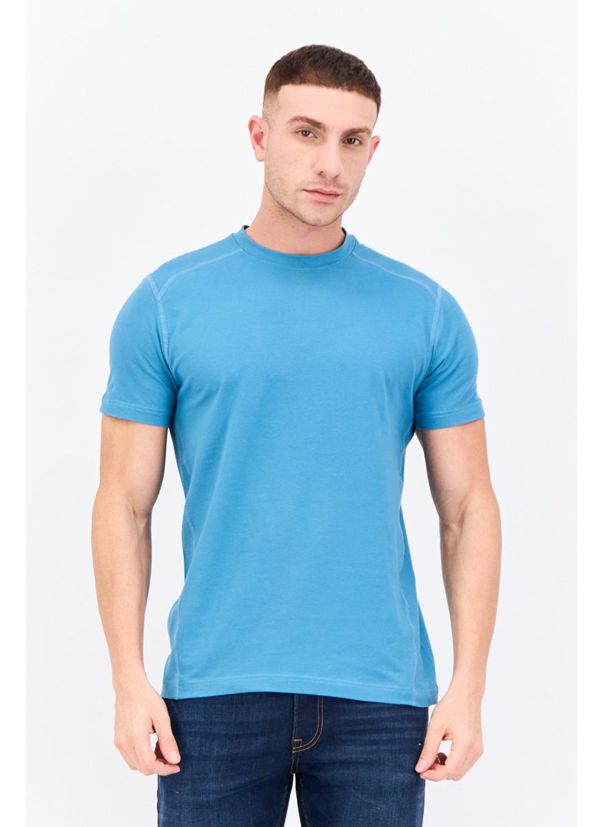 Men Crew Neck Short Sleeves Plain T-Shirt, Teal Blue