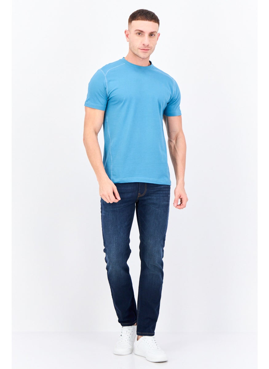 Men Crew Neck Short Sleeves Plain T-Shirt, Teal Blue