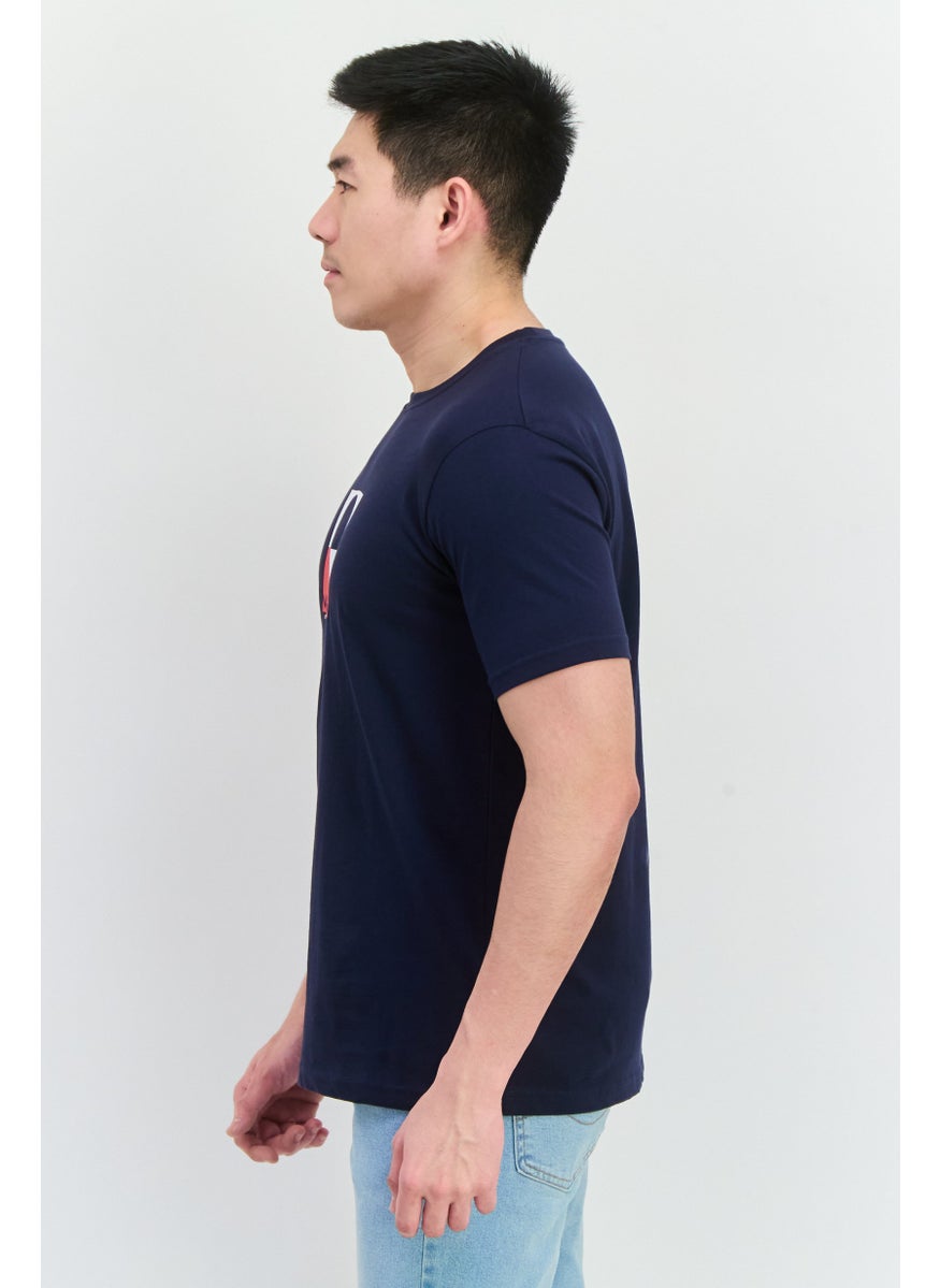 Men Crew Neck Short Sleeves Graphic Printed T-Shirt, Navy