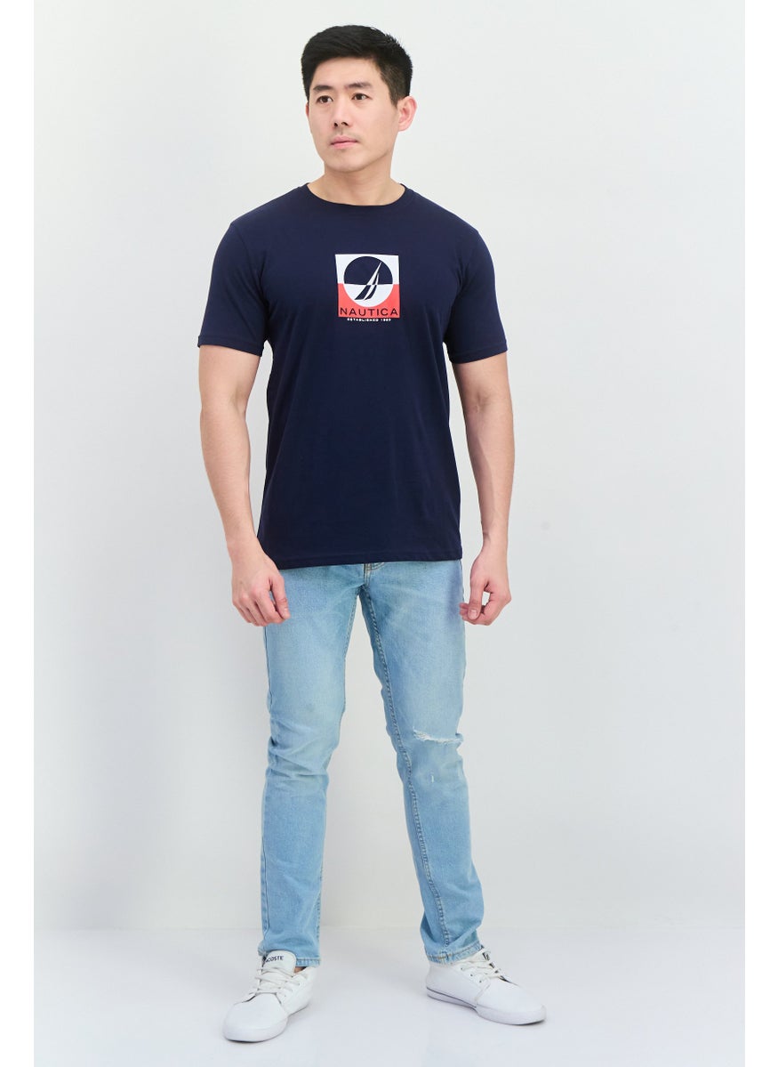 Men Crew Neck Short Sleeves Graphic Printed T-Shirt, Navy