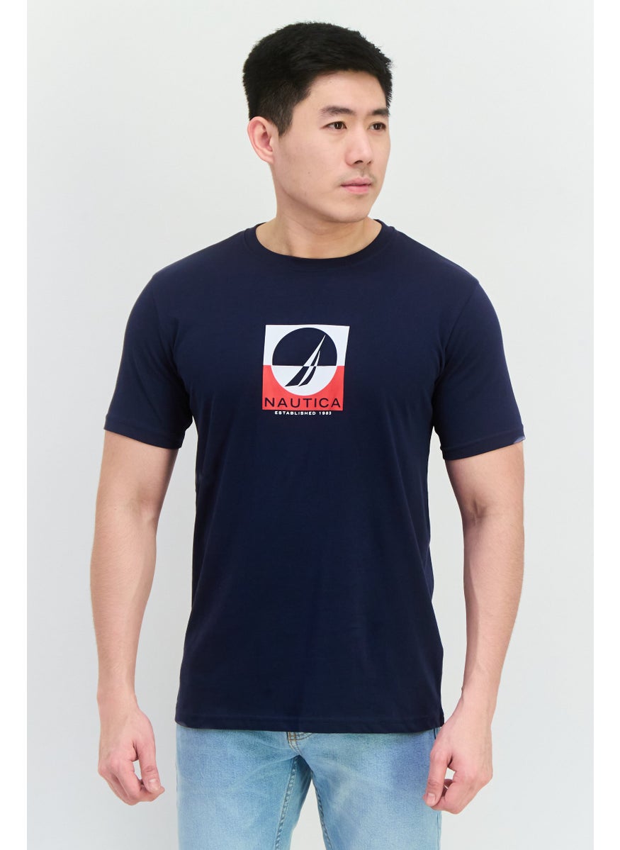 Men Crew Neck Short Sleeves Graphic Printed T-Shirt, Navy