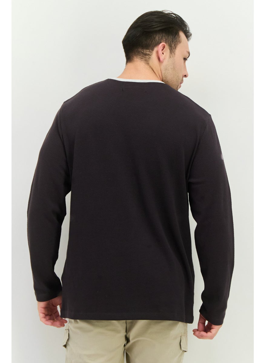 Men Crew Neck Long Sleeve Textured T-Shirt, Charcoal Grey