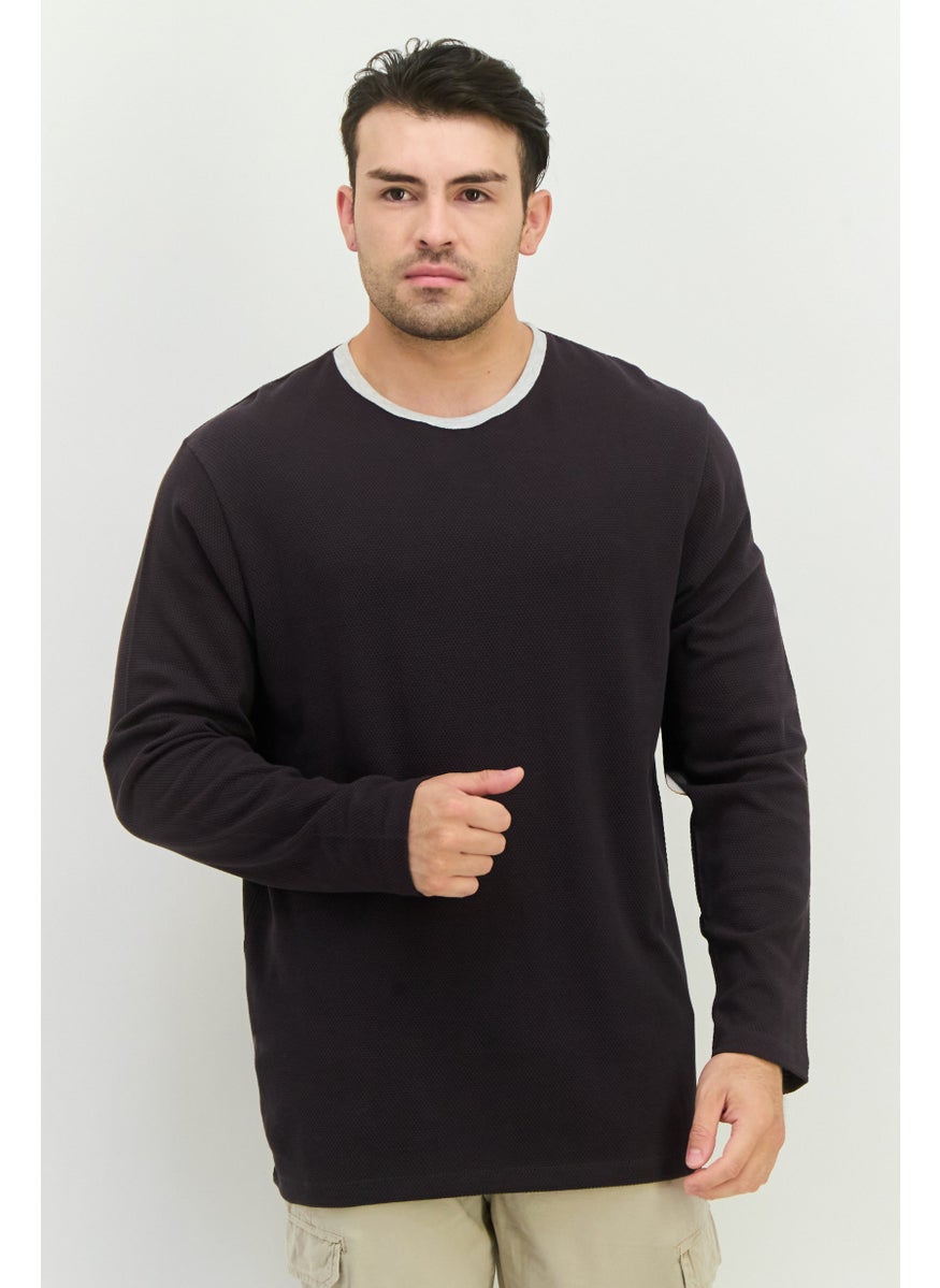 Men Crew Neck Long Sleeve Textured T-Shirt, Charcoal Grey