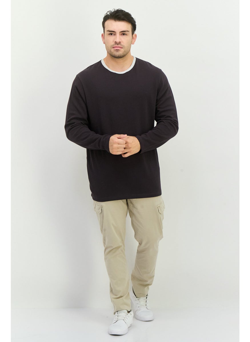Men Crew Neck Long Sleeve Textured T-Shirt, Charcoal Grey