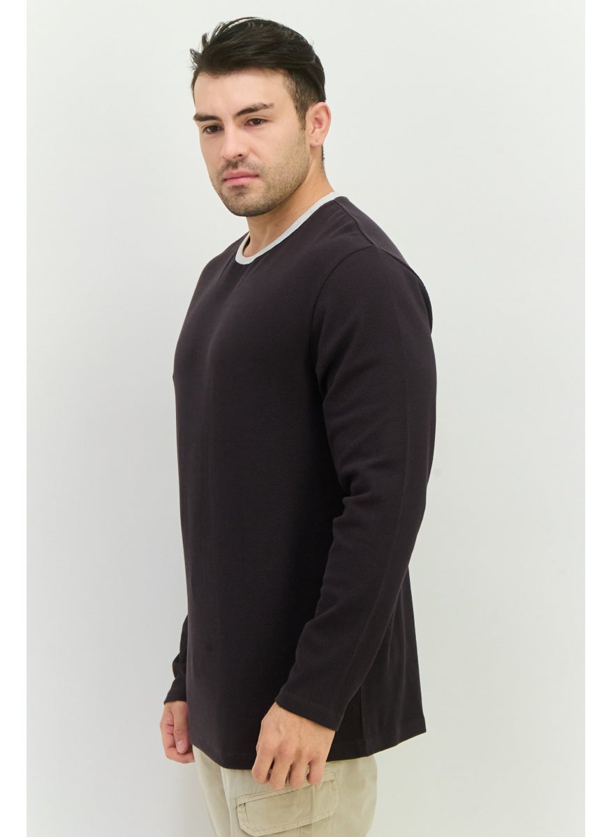 Men Crew Neck Long Sleeve Textured T-Shirt, Charcoal Grey