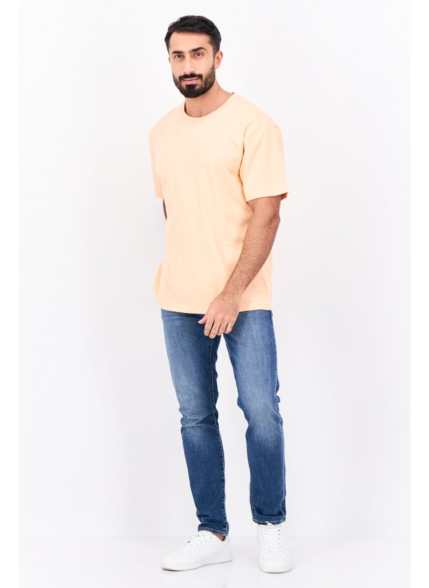 Men Crew Neck Short Sleeves Plain T-Shirt, peach