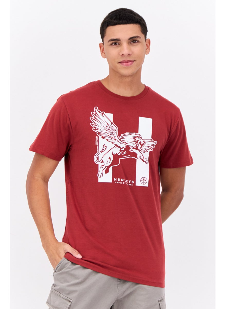Men Crew Neck Short Sleeves Graphic Print T-Shirt, Maroon