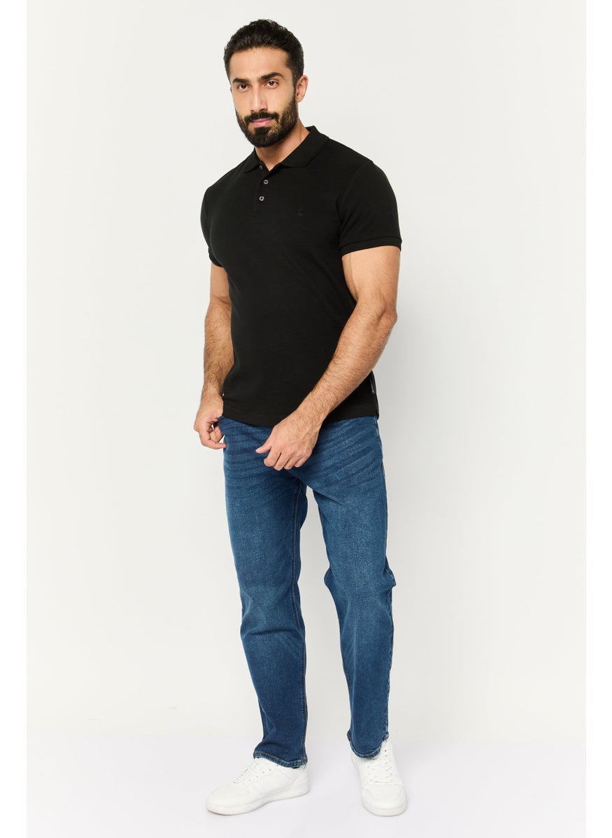 Men Regular Fit Embroidered Logo Short Sleeves Polo, Black