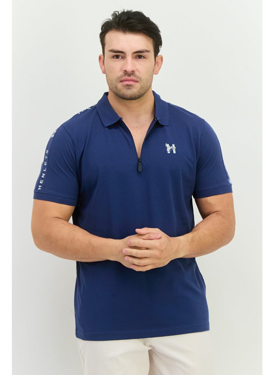 Men Regular Fit Brand Logo Short Sleeves Polo, Navy