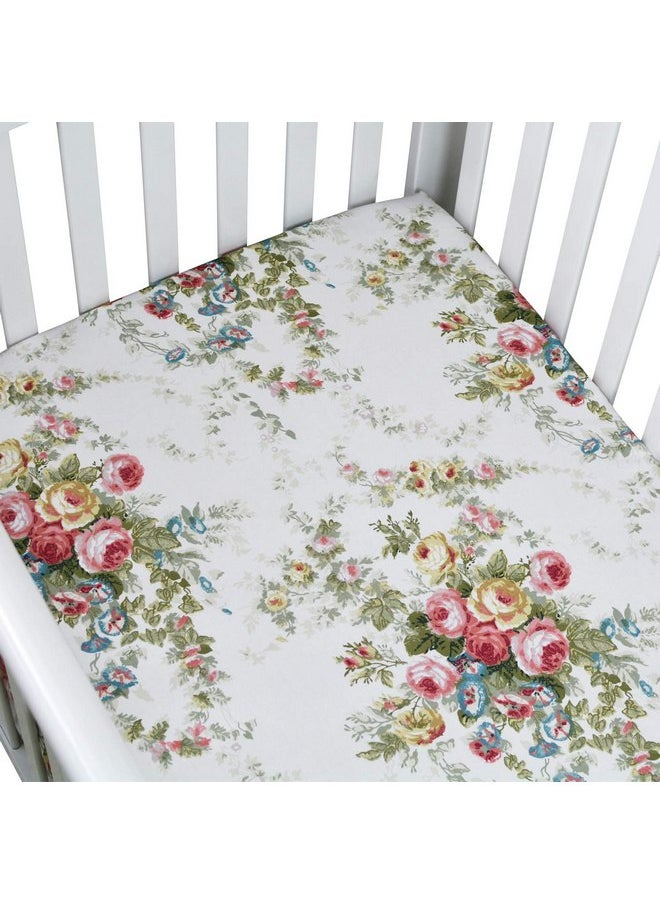 Brandream Crib Sheets Girl Soft Cotton Floral Toddler Sheets Printed, All Seasons Use Cozy Vintage Shabby Baby Nursery Bed Sheets for Standard Crib and Toddler Mattress, White Green Pink Nursery Decor