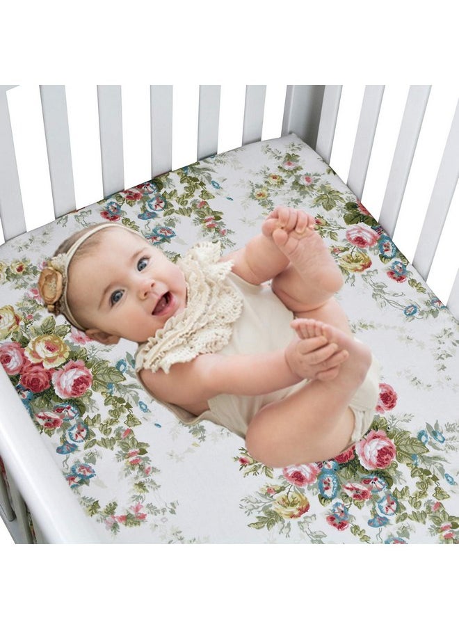 Brandream Crib Sheets Girl Soft Cotton Floral Toddler Sheets Printed, All Seasons Use Cozy Vintage Shabby Baby Nursery Bed Sheets for Standard Crib and Toddler Mattress, White Green Pink Nursery Decor