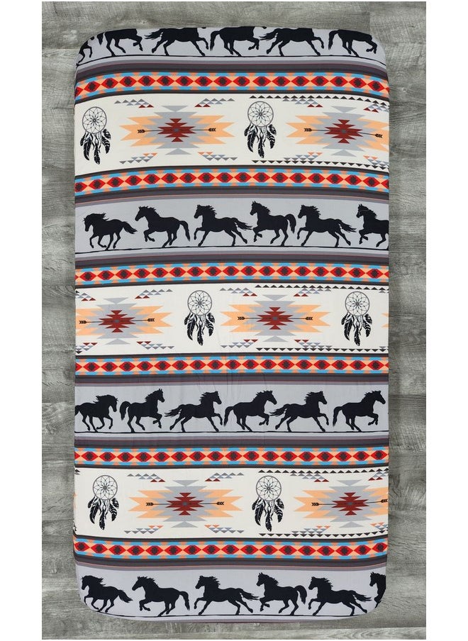 Dear Baby Gear Deluxe Crib Sheet Cotton Polyester Baby Crib Sheets, Soft Machine-Washable Crib Mattress Sheet, Baby Bed Sheets - Southwestern Tribal Horses Aztec Print, 52