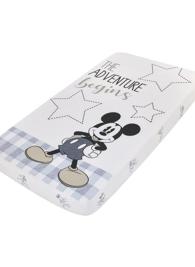 NoJo Disney Mickey Mouse - Call Me Mickey White and Blue The Adventure Begins Stars and Gingham 100% Cotton Photo Op Nursery Fitted Crib Sheet