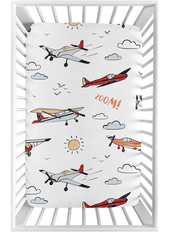 Sweet Jojo Designs Vintage Airplane Boy Fitted Mini Crib Sheet Baby Nursery for Portable Crib Pack and Play - Grey Yellow Orange Red White Blue Airplanes Air Plane Transportation Clouds Sky Aviator