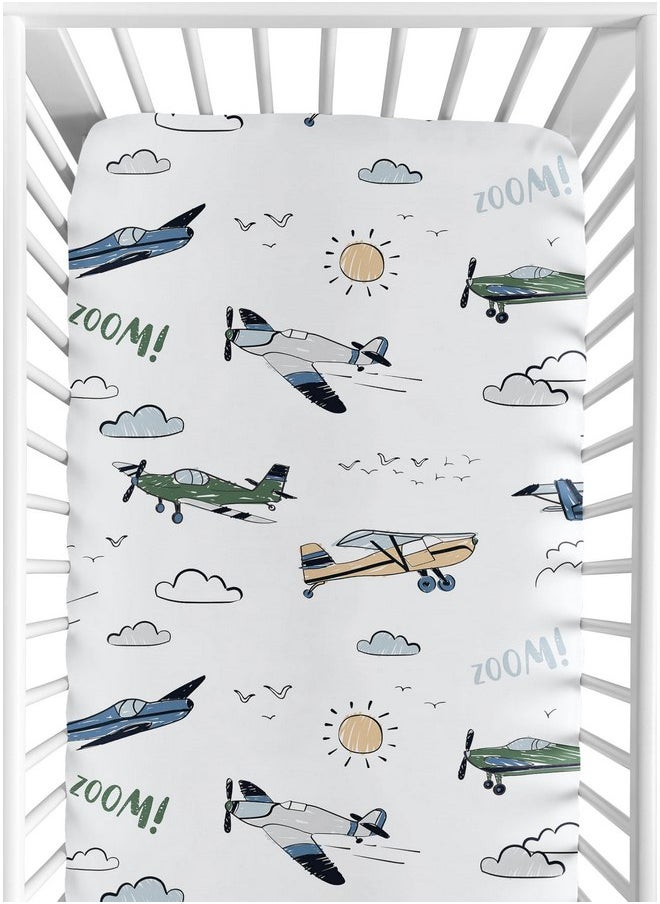 Sweet Jojo Designs Vintage Airplane Boy Baby Fitted Crib Sheet Infant Newborn Nursery Toddler Bed Room Standard Mattress Grey Green Blue White Yellow Airplanes Plane Transportation Clouds Sun Aviator