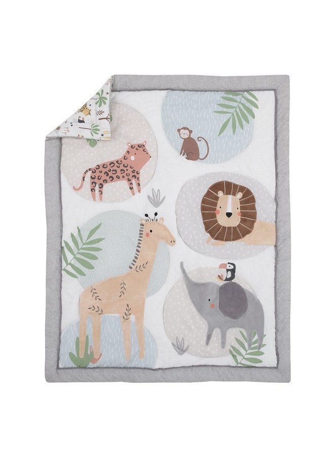 NoJo Jungle Trails Grey, Green and Gold Elephant, Lion and Giraffe 4 Piece Nursery Crib Bedding Set - Comforter, 100% Cotton Fitted Crib Sheet, Crib Skirt, and Storage