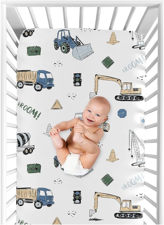 Sweet Jojo Designs Construction Truck Boy Fitted Crib Sheet Baby or Toddler Bed Nursery - Grey Yellow Black Blue and Green Transportation