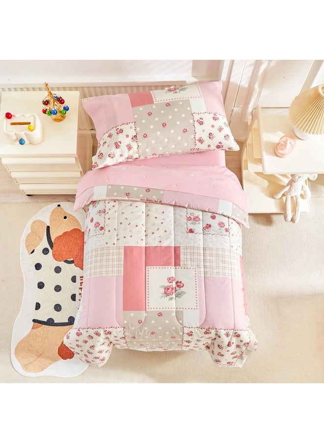 Joyreap 4 Piece Cotton Toddler Bedding Set- Pink Flower Plaids Patchwork Design, Toddler Comforter Set for Girls, Includes Quilted Comforter, Fitted Sheet, Top Sheet, and Pillow Case
