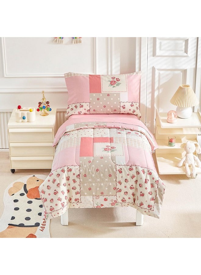 Joyreap 4 Piece Cotton Toddler Bedding Set- Pink Flower Plaids Patchwork Design, Toddler Comforter Set for Girls, Includes Quilted Comforter, Fitted Sheet, Top Sheet, and Pillow Case