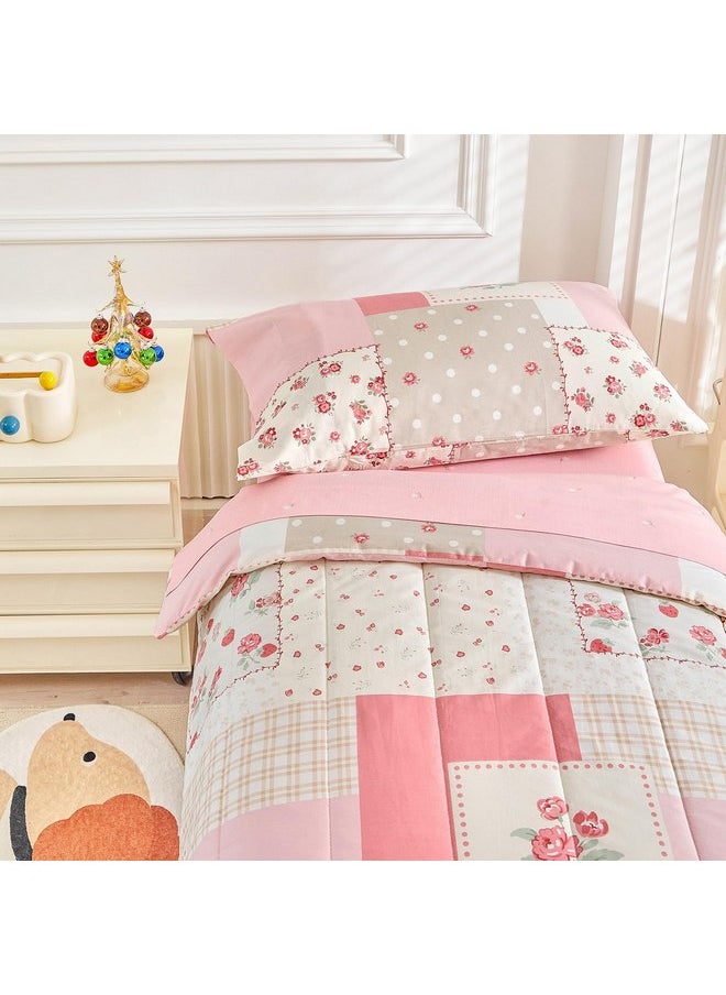 Joyreap 4 Piece Cotton Toddler Bedding Set- Pink Flower Plaids Patchwork Design, Toddler Comforter Set for Girls, Includes Quilted Comforter, Fitted Sheet, Top Sheet, and Pillow Case