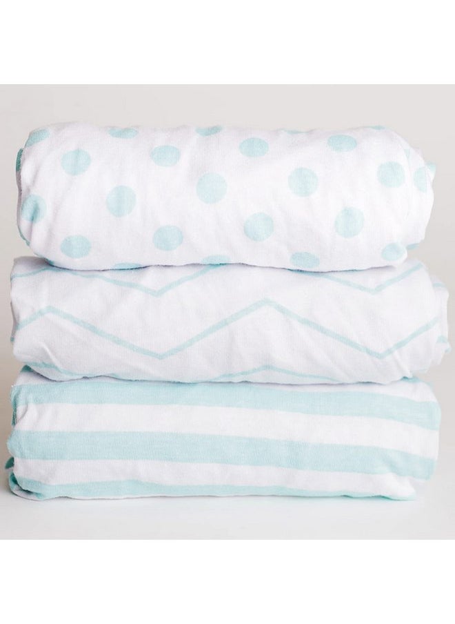 NODNAL CO. 3 Fitted Bassinet Sheets Mint Set Baby Girl/Boy - 100% Oeko-TEX Cotton - Gender Neutral Chevron Polka Dot Stripe Universal Fit - Cradle/Moses Basket Hourglass Oval Rectangle Mattress Sheet
