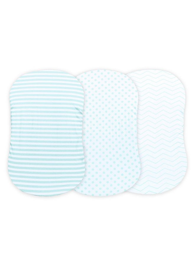 NODNAL CO. 3 Fitted Bassinet Sheets Mint Set Baby Girl/Boy - 100% Oeko-TEX Cotton - Gender Neutral Chevron Polka Dot Stripe Universal Fit - Cradle/Moses Basket Hourglass Oval Rectangle Mattress Sheet