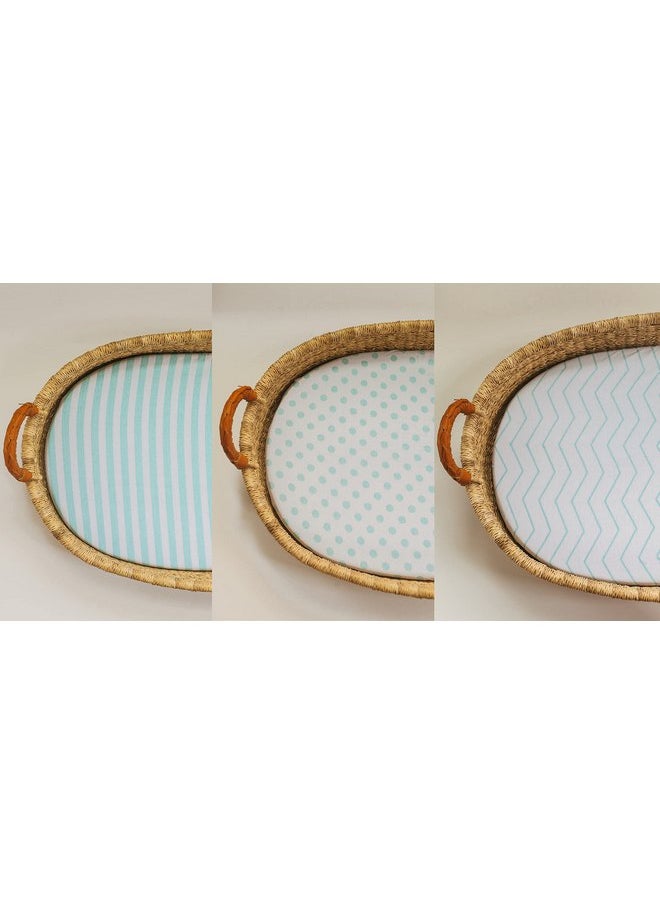 NODNAL CO. 3 Fitted Bassinet Sheets Mint Set Baby Girl/Boy - 100% Oeko-TEX Cotton - Gender Neutral Chevron Polka Dot Stripe Universal Fit - Cradle/Moses Basket Hourglass Oval Rectangle Mattress Sheet