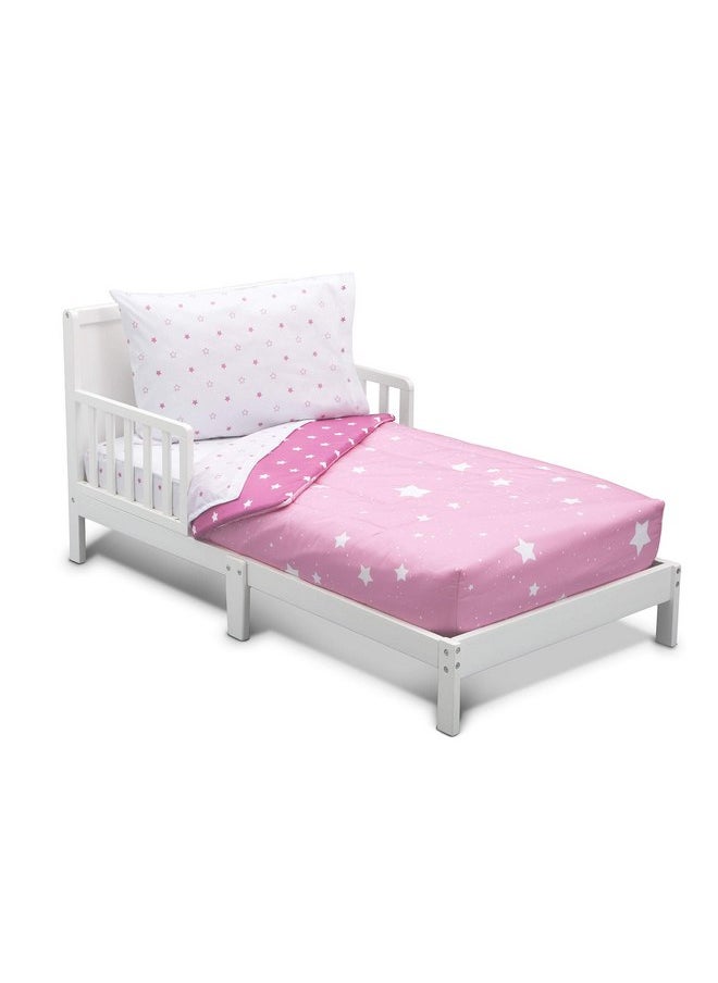 Delta Children Toddler Bedding Set | Girls 4 Piece Collection | Fitted Sheet, Flat Top Sheet w/Elastic Bottom, Fitted Comforter w/Elastic Bottom, Pillowcase, Blushing Star | Pink