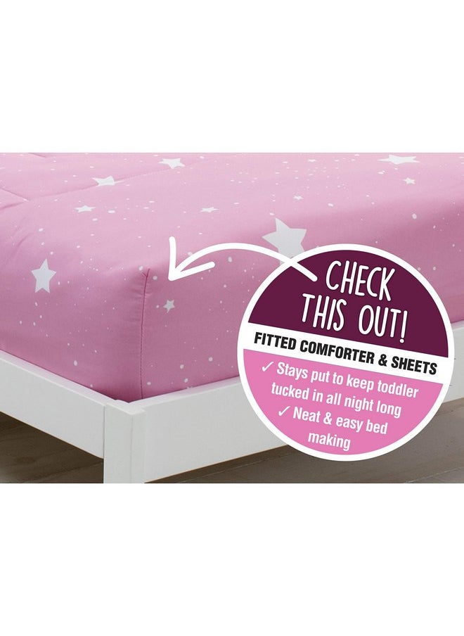 Delta Children Toddler Bedding Set | Girls 4 Piece Collection | Fitted Sheet, Flat Top Sheet w/Elastic Bottom, Fitted Comforter w/Elastic Bottom, Pillowcase, Blushing Star | Pink