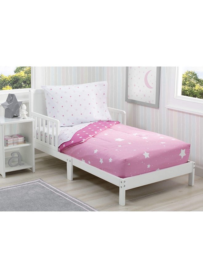 Delta Children Toddler Bedding Set | Girls 4 Piece Collection | Fitted Sheet, Flat Top Sheet w/Elastic Bottom, Fitted Comforter w/Elastic Bottom, Pillowcase, Blushing Star | Pink
