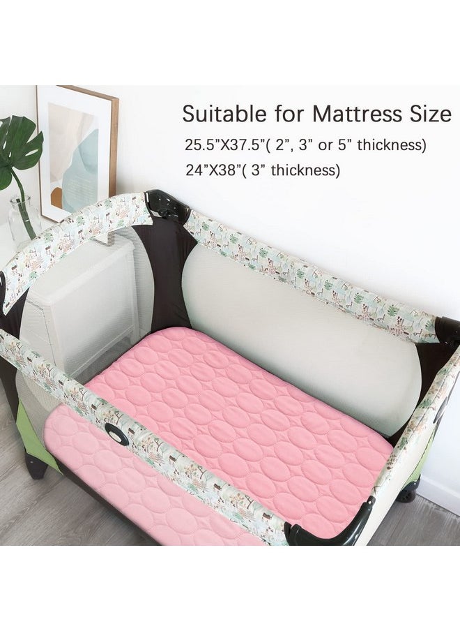 Pack and Play Protector Sheets Waterproof 2 Pack, Quilted Pack and Play Mattress Pad Cover Fitted Fits for Graco Pack n Play Playard Mattress/Playpen Mattress, Gray & Pink, 39