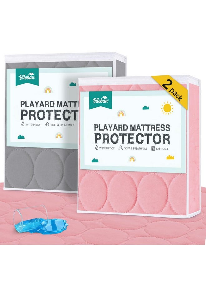 Pack and Play Protector Sheets Waterproof 2 Pack, Quilted Pack and Play Mattress Pad Cover Fitted Fits for Graco Pack n Play Playard Mattress/Playpen Mattress, Gray & Pink, 39