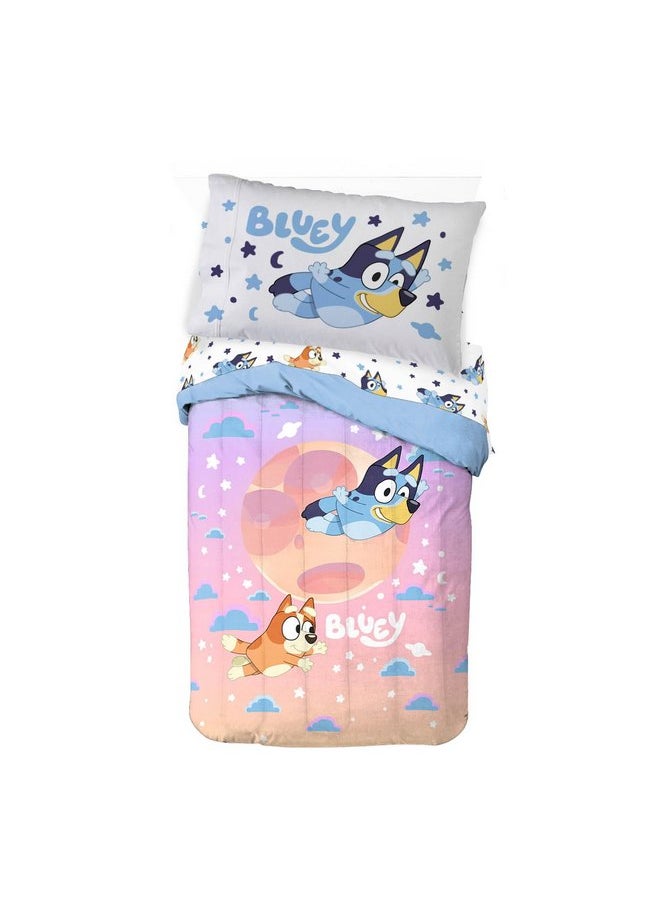 Jay Franco Bluey & Bingo Toddler Comforter Set - 4 Piece Bed Set Includes Sheet Set & Pillow Covers - Super Soft Clouds & Stars Kids Bedding