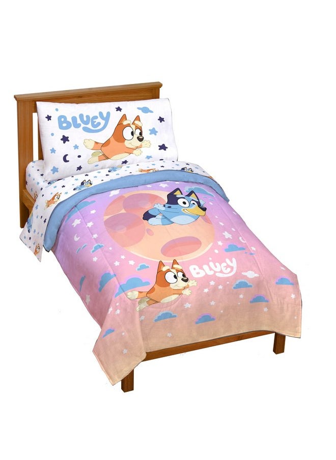 Jay Franco Bluey & Bingo Toddler Comforter Set - 4 Piece Bed Set Includes Sheet Set & Pillow Covers - Super Soft Clouds & Stars Kids Bedding