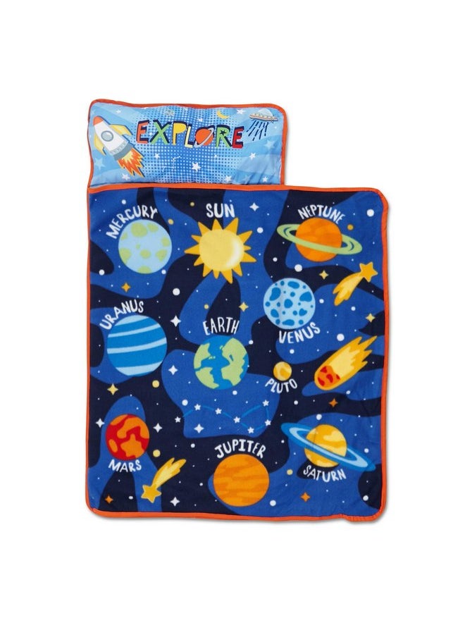 Baby Boom Funhouse Explore Planets & Outer Space Kids Nap Mat Set - Includes Pillow And Fleece Blanket - Great For Boys Napping during Daycare Or Preschool - Fits Toddlers, Blue