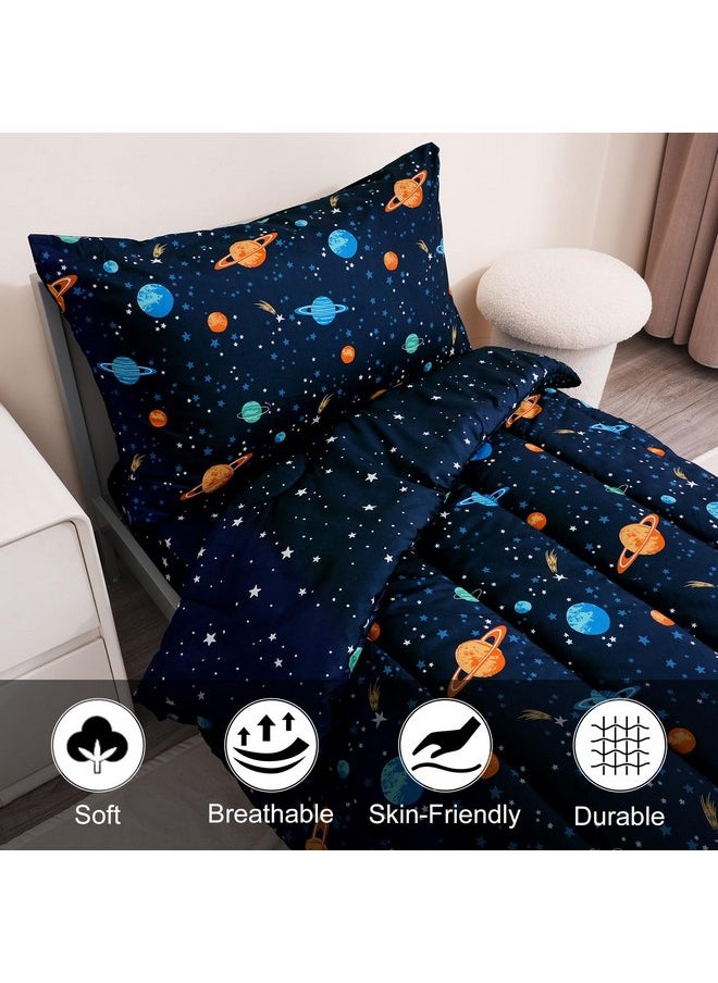 PHF 4 Piece Toddler Bedding Set, Ultra Soft Toddler Comforter Sets Include Comforter, Fitted Sheet, Flat Top Sheet and Pillowcase for Boys, Navy Space Bed in A Bag for Baby Bedroom, Navy Space