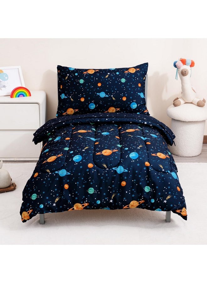 PHF 4 Piece Toddler Bedding Set, Ultra Soft Toddler Comforter Sets Include Comforter, Fitted Sheet, Flat Top Sheet and Pillowcase for Boys, Navy Space Bed in A Bag for Baby Bedroom, Navy Space
