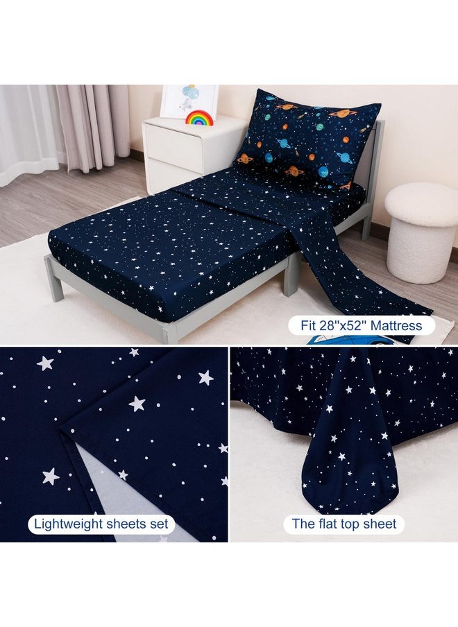 PHF 4 Piece Toddler Bedding Set, Ultra Soft Toddler Comforter Sets Include Comforter, Fitted Sheet, Flat Top Sheet and Pillowcase for Boys, Navy Space Bed in A Bag for Baby Bedroom, Navy Space