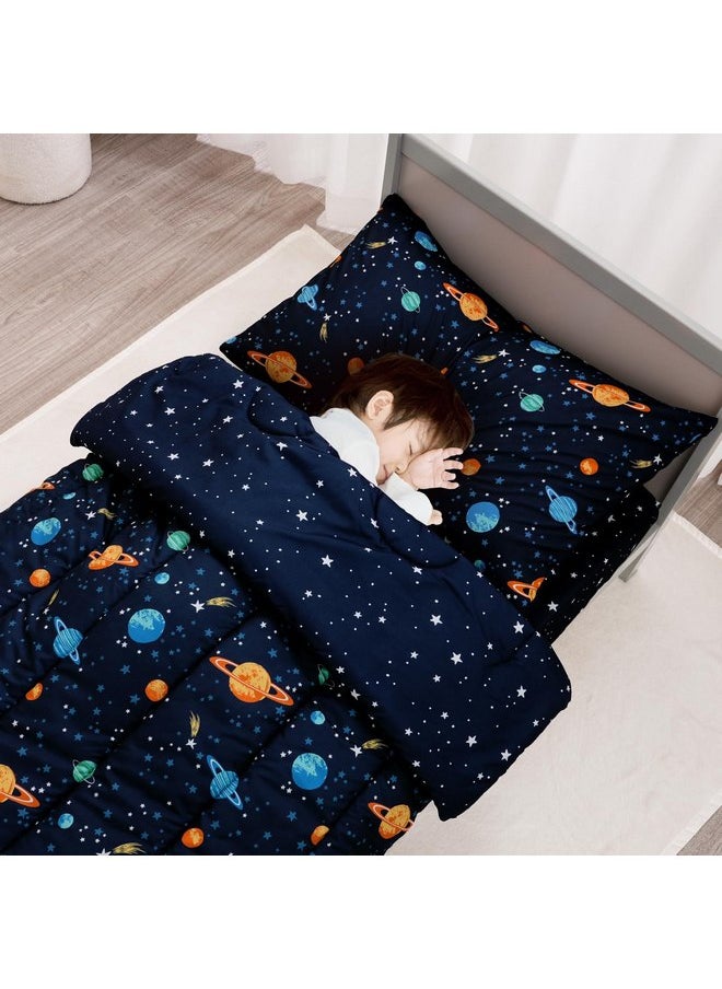 PHF 4 Piece Toddler Bedding Set, Ultra Soft Toddler Comforter Sets Include Comforter, Fitted Sheet, Flat Top Sheet and Pillowcase for Boys, Navy Space Bed in A Bag for Baby Bedroom, Navy Space