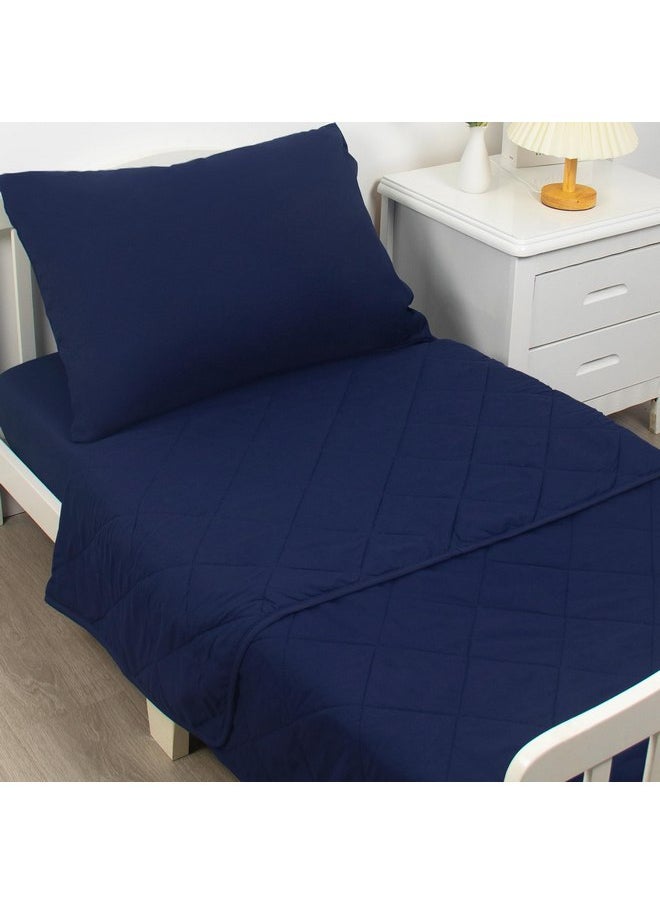 Biloban 4 Piece Toddler Bedding Set, Skin-Friendly and Breathable Sheet Set, Includes Quilted Comforter, Crib Mattress Fitted Sheet, Flat Top Sheet and Envelope Pillow Case, Navy Blue