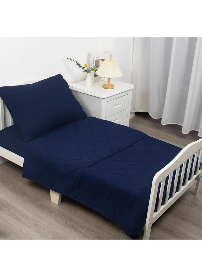 Biloban 4 Piece Toddler Bedding Set, Skin-Friendly and Breathable Sheet Set, Includes Quilted Comforter, Crib Mattress Fitted Sheet, Flat Top Sheet and Envelope Pillow Case, Navy Blue