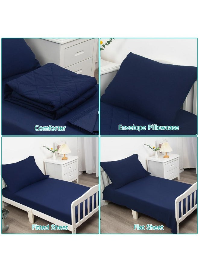 Biloban 4 Piece Toddler Bedding Set, Skin-Friendly and Breathable Sheet Set, Includes Quilted Comforter, Crib Mattress Fitted Sheet, Flat Top Sheet and Envelope Pillow Case, Navy Blue