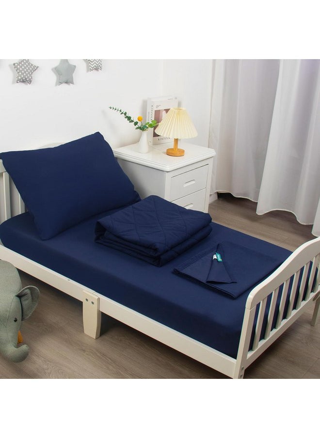 Biloban 4 Piece Toddler Bedding Set, Skin-Friendly and Breathable Sheet Set, Includes Quilted Comforter, Crib Mattress Fitted Sheet, Flat Top Sheet and Envelope Pillow Case, Navy Blue