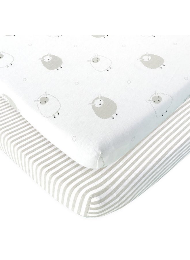 Cuddly Cubs Pack n Play Sheets | 2 Pack Playard Sheet for Baby Girl and Boy | Pure Jersey Cotton Unisex Mini Portable Crib Sheets | Sheep and Stripe in Grey | Compatible with Graco Pack and Play