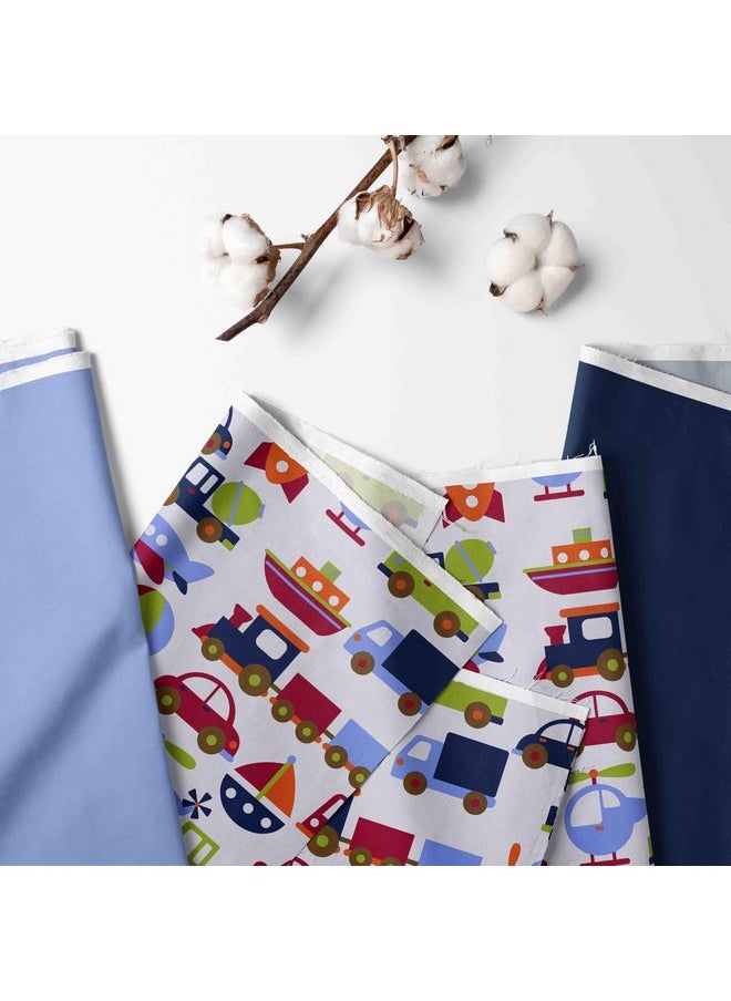 Bacati - Transportation Blue 4 Piece Boys Toddler Bedding Set 100 Percent Cotton Includes Reversible Comforter, Fitted Sheet, Top Sheet, and Pillow Case for Boys