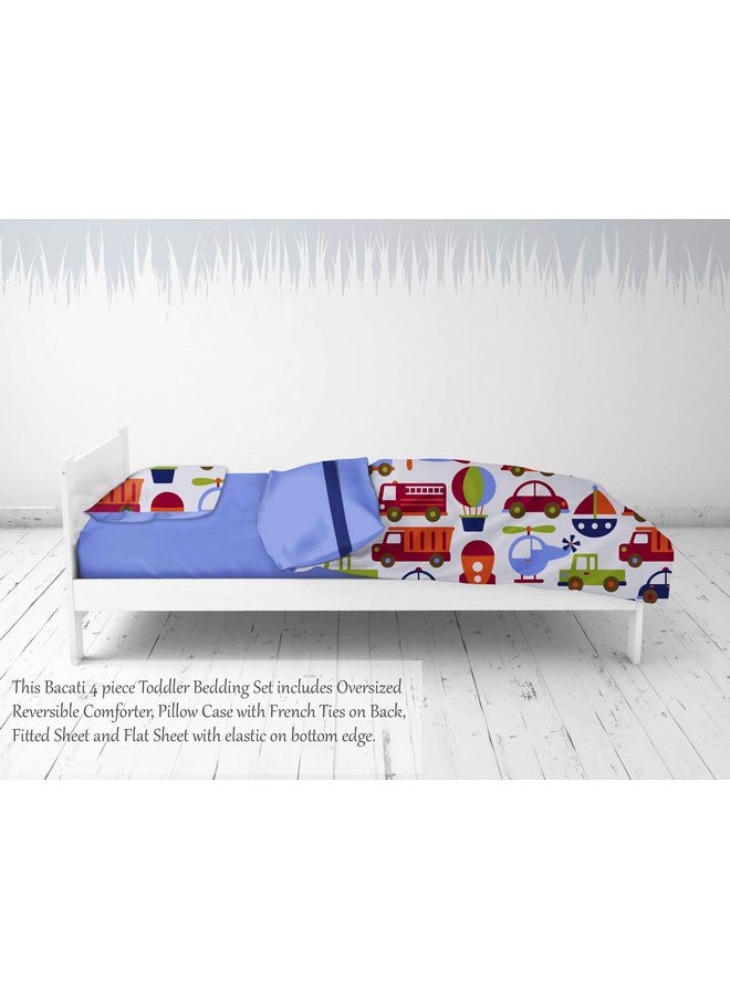 Bacati - Transportation Blue 4 Piece Boys Toddler Bedding Set 100 Percent Cotton Includes Reversible Comforter, Fitted Sheet, Top Sheet, and Pillow Case for Boys