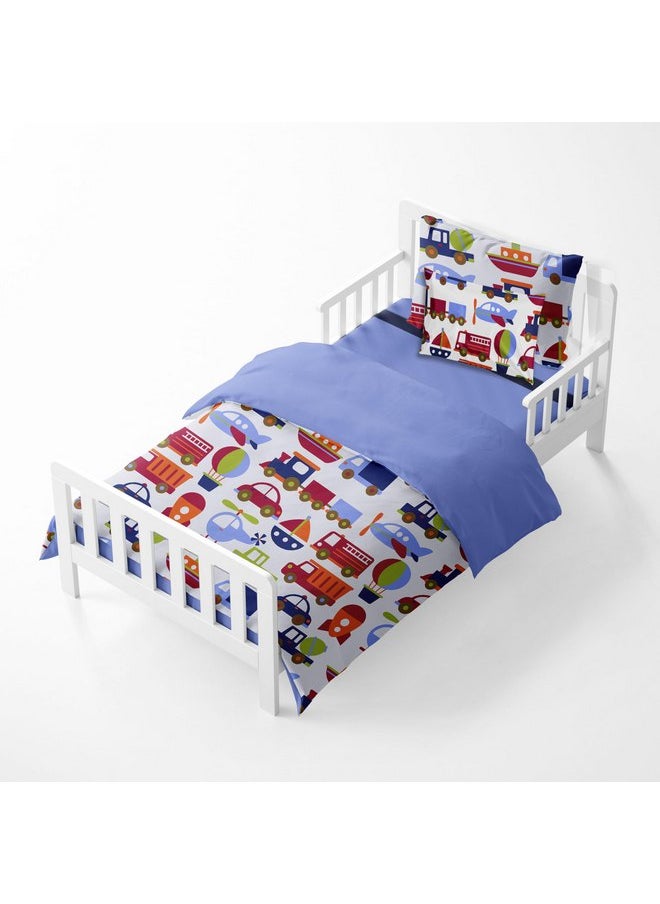 Bacati - Transportation Blue 4 Piece Boys Toddler Bedding Set 100 Percent Cotton Includes Reversible Comforter, Fitted Sheet, Top Sheet, and Pillow Case for Boys
